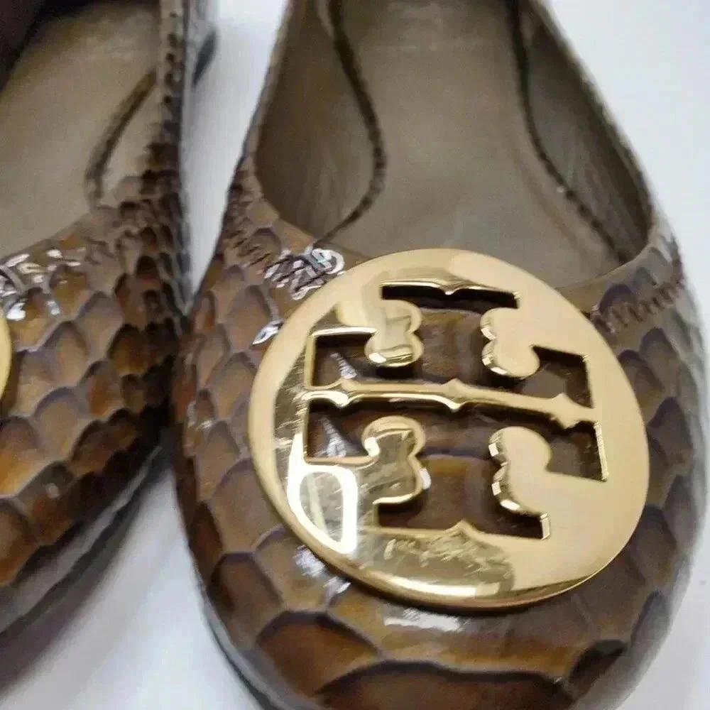 TORY BURCH Reva Ballet Flats Brown Snakeskin Print Leather w/ Gold Logo SIZE 7